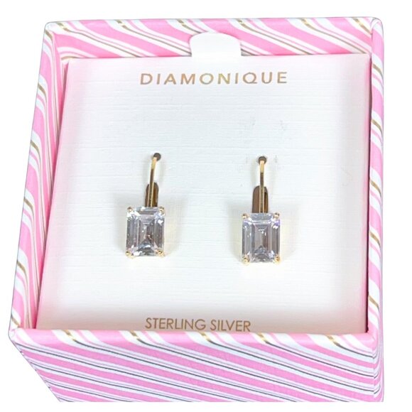 Diamonique Sterling Silver Emerald Cut CZ Drop Earrings * Last Pair - Picture 5 of 9